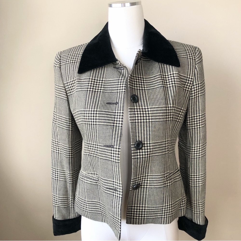 Vintage Black and White Heritage Plaid Wool & Velvet Short Blazer S